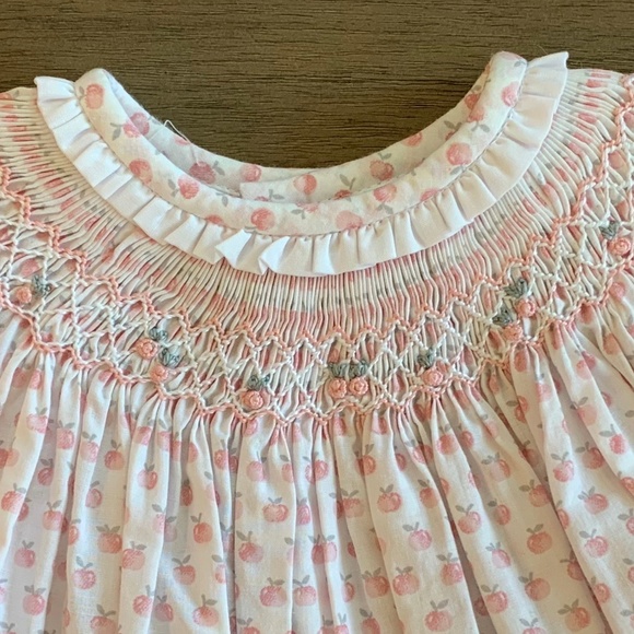 New Luli & Me Apples Print Smocked Bishop Dress - Picture 2 of 5